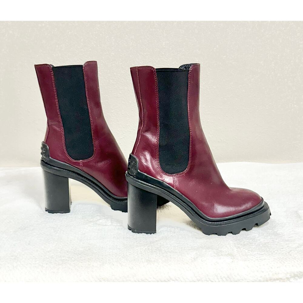 Tod’s Burgundy Leather Chunky Heel Chelsea Boots - Women’s EU 37 - US 7 - Picture 4 of 8